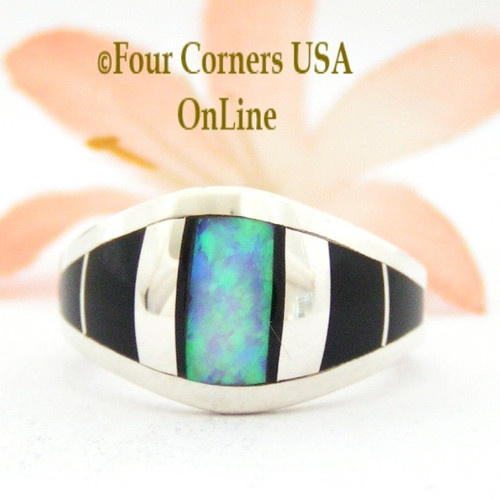 Size 6 1/2 Onyx Opal Inlay Sterling Ring NAR-09569 Navajo Artisan Robert Vandever Four Corners USA OnLine Native American Silver Jewelry