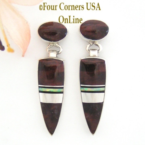 Bulls Eye Tiger Eye and Fire Opal Inlay Earrings Navajo Marie Tsosie Four Corners USA OnLine Native American Indian Jewelry NAER-13002