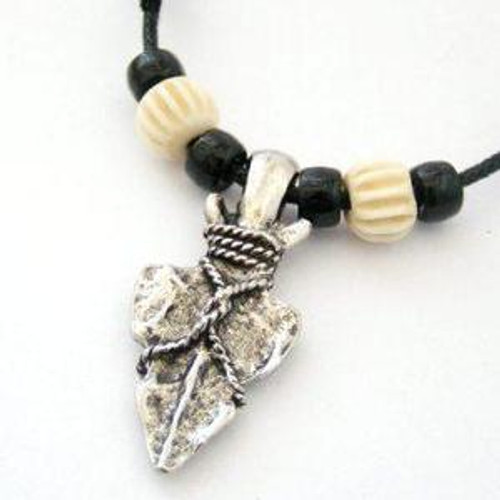 Arrowhead Bone and Black Crow Beads Adjustable 14 to 24 Inch Cotton Neck Cord Four Corners Jewelry (FCN-13001-1)