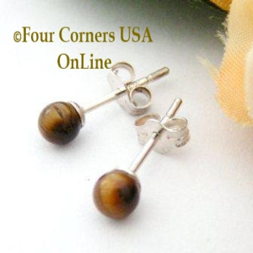 Tiger Eye Sterling Silver 4mm Round Stud Post Pierced Earrings EAR-12048 American Artisan Handcrafted Fashion Jewelry Four Corners USA OnLine