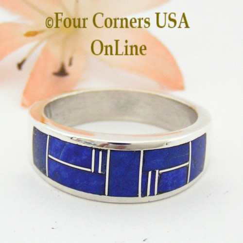 Size 10 1/2 Lapis Inlay Sterling Band Ring Four Corners USA OnLine Native American Jewelry Navajo Silversmith Aaron Toadlena NAR-13014