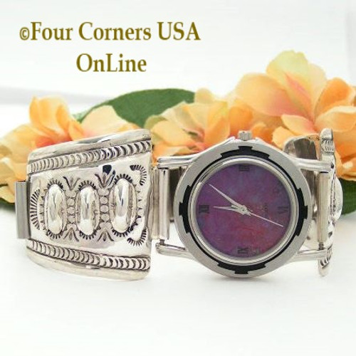 Men's Stamped Sterling Silver Watch Shown with Mohave Purple Turquoise Face On Sale Now at Four Corners USA OnLine Native American Navajo Jewelry Harry Spencer NAW-093406