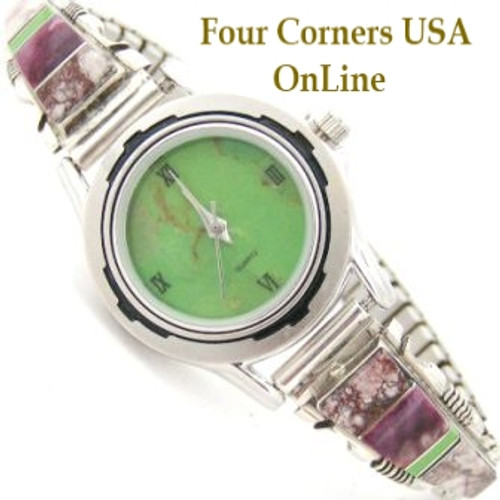 Women's Crazy (Wild) Horse Inlay Sterling Watch Green Mohave Turquoise Face Navajo Steve Francisco Four Corners USA OnLine Native American Jewelry NAW-1310