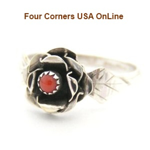 Size 8 1/4 Rose with Red Coral Ring Native American Indian Navajo Sterling Silver Jewelry Four Corners USA OnLine NAR-09461825