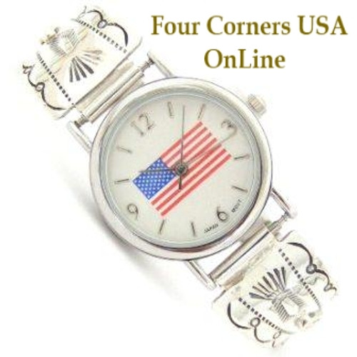 Women's Stamped Sterling Silver Watch with USA Flag Face Navajo Artisan Mike Arviso Four Corners USA OnLine Native American Jewelry NAW-1315