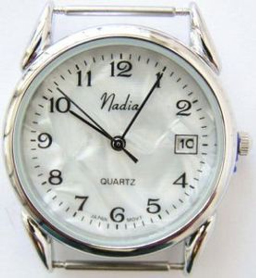 Men's Elegant White Mother of Pearl Silvertone Stainless Steel Back Watch Face with Calendar