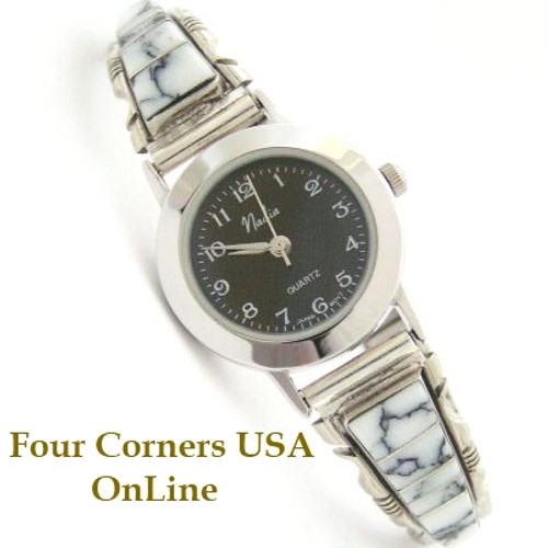 Women's White Turquoise Inlay Sterling Watch Jewelry with Black Watch Face Native American Navajo Steve Francisco Four Corners USA OnLine NAW-1331