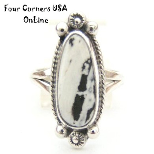 White Buffalo Turquoise Ring Size 8 Navajo Artisan Larry G Yazzie NAR-1412 Four Corners USA OnLine Native American Silver Jewelry