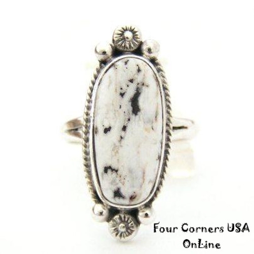 White Buffalo Turquoise Ring Size 8 3/4 Navajo Artisan Larry G Yazzie NAR-1411 Four Corners USA OnLine Native American Silver Jewelry 