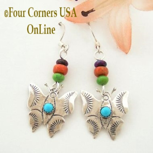 Stamped Sterling Rainbow Butterfly Earrings with Turquoise Four Corners USA OnLine Native American Ed Abeita Closeout Final Sale NAER-13001BFRB