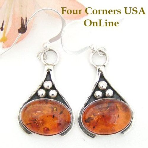 Amber Teardrop Sterling Earrings Native American Navajo Silversmith Ella Cowboy Four Corners USA OnLine NAER-1448