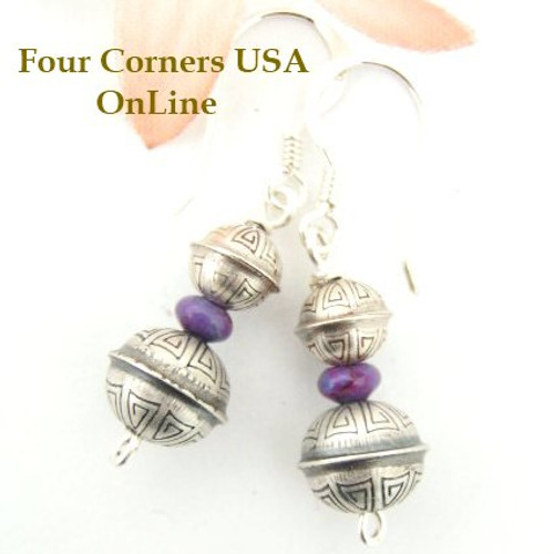 Spiral Stamped Sterling Silver Bead Mohave Purple Turquoise Earrings On Sale Now Navajo Handcrafted Silver Beads Four Corners USA OnLine