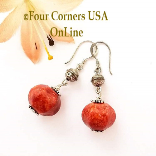 Apple Coral Navajo Handmade Silver Bead Artisan Earrings On Sale Now Four Corners USA OnLine Jewelry Making Beading Craft Supplies