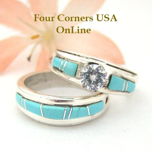 Turquoise Engagement Bridal Wedding Ring Set Size 6 1/2 Wilbert Musket Jr Four Corners USA OnLine Native American Silver Jewelry WS-1454