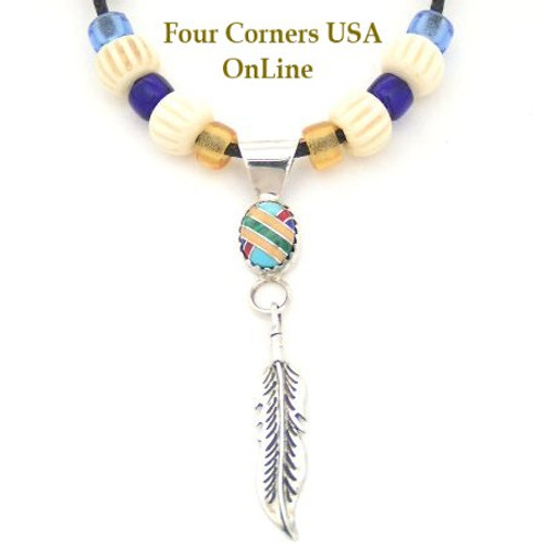 Multi Color Inlay Feather Pendant Adjustable Cord Necklace Navajo Silver Jewelry Garrett Platero No 3 (NAN-1417C) Four Corners USA OnLine