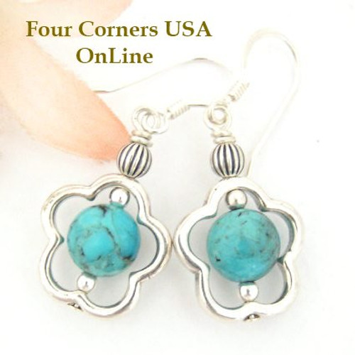 Kingman Turquoise Bead Sterling Frame Dangle Pierced Earrings Four Corners USA OnLine Jewelry Design FCE-12085