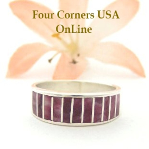 Purple Spiny Oyster Inlay Band Ring Size 7 1/2 Native American Ella Cowboy Silver Jewelry WB-1493