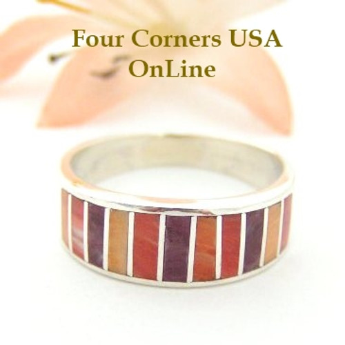 Multi Color Spiny Oyster Shell Inlay Band Ring Size 8 Native American Ella Cowboy Silver Jewelry WB-1503