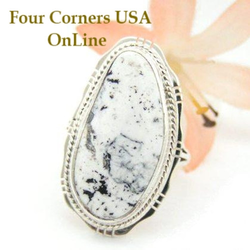 White Turquoise Elongated Stone Ring Size 7 1/2 Navajo Kathy Yazzie NAR-1501 Four Corners USA OnLine Native American Silver Jewelry