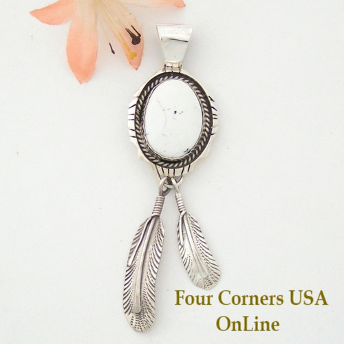 White Buffalo Turquoise Feather Pendant Navajo Bobby Becenti Four Corners USA OnLine Native American Indian Jewelry NAP-1458