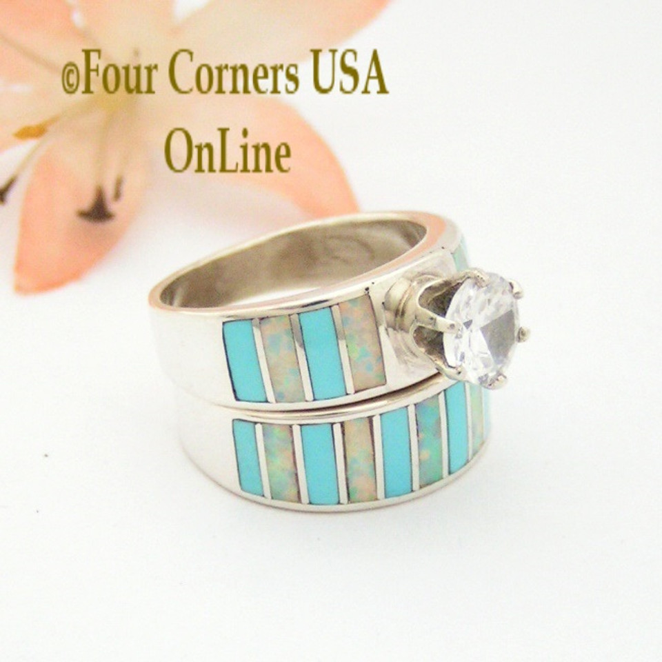 Size 4 1/2 Turquoise and White Fire Opal Inlay Wedding Engagement Ring ...