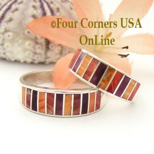 On Sale Now Multi Color Spiny Oyster Shell Inlay Wedding Band Rings Four Corners USA OnLine Native American Navajo Silver Jewelry