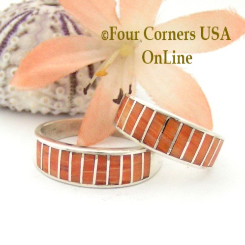 On Sale Now Inlay Orange Spiny Oyster Shell Native American Navajo Silver Rings Four Corners USA OnLine