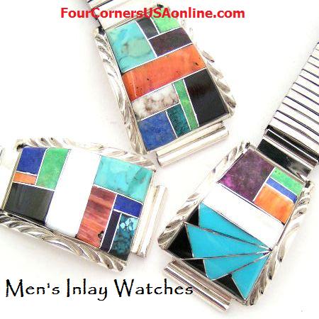 Mens Inlay Turquoise Leather Watches Four Corners USA OnLine Native American Indian Silver Jewelry