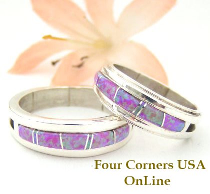Pink Fire Opal Inlay Band Rings by Wilbert Muskett Jr. Four Corners USA OnLine Native American Indian Silver Jewelry