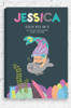 This canvas has a dark charcoal background with an ocean scene featuring a colorful aqua and purple mermaid swimming with a light grey seal. Below them is a bright array of coral, seaweed and rocks. Above them is a child's name written in pink, aqua and yellow font and the personalised birth details below in a sans serif font.