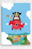 An illustration of a happy dog flying an older style red plane. Up high in the blue sky with a farming landscape below, the dare devil puppy is wearing goggles over it's eyes and it's ears flap behind him. The words Dream Big are written near it's body. This design is on a ready to hang canvas.