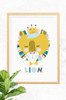 Luca Rose Designs Lenni Lion artwork with a light grey background. Framed in an oak frame and mounted on a concrete wall, the print uses pastel pinks and aquas, contrasting with bright blues, mustards and golds. The background is a light grey with a subtle stroke pattern overlaying it.
