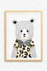 A framed version of Luca Rose Designs 'Ted Bear' wall art print for kids bedroom. The illustration features a cute bear that wears a leopard print t-shirt with gold trims and a bold, black and white striped bow tie. His hair is hand drawn and he has friendly looking features.