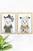 An image of 2 wall art prints designed by Luca Rose Designs. Both prints feature a female bear, one named Eva and the other Emma. Eva wears a giant black bow and triangle pattern t-shirt. Emma, dressed in a pale pink leopard print shirt with a golden crown. Both have been hand illustrated with detailed fur.