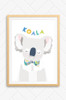 A simple illustration of a koala perfect for the walls of a nursery or kids bedroom. Digitally drawn in soft pastel colours, a peaceful look on his  face and a bright and patterned bowtie around his neck. Set on a fresh white background and framed in a modern oak frame. 