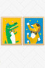 The perfect pair of happy prints for a child's bedroom. One featuring a happy crocodile and the other an energetic lion, both dancing and throwing balls above their head. Each wears a small crown and patterned bowtie. The crocodile bright green on an orange background, and the lion, orange on a blue background.