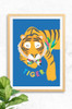 A stylish illustration featuring a big cat  tiger, sleepy in nature and wearing a sophisticated bowtie.