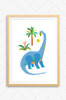 A Luca Rose Designs kids poster illustration featuring a blue and orange Brachiosaurus munching on leaves from a near by tree. The digital drawing is set on a white background. Designed and printed in Australia.