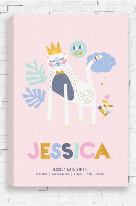 Suited to a girls bedroom or nursery, this ready to hang canvas features a happy lion wearing a gold crown, sitting on a pale pink background. Beneath is a quirky, child like font with the child's name and the personalised birth details.