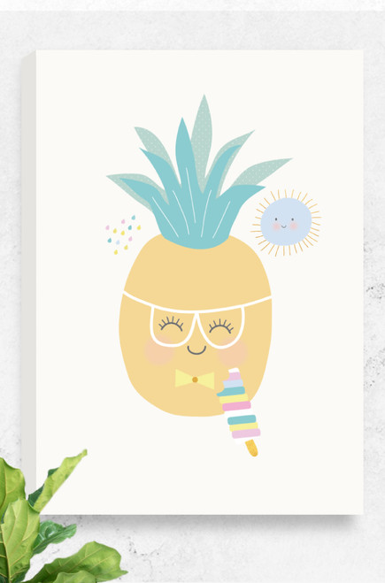 A digitally illustrated artwork, Tooty Fruity Pineapple, using simple design and colour palette. The canvas is ready to hang and features a happy pineapple, wearing glasses and a bow tie while eating an ice-cream. A small sun smiles in the background, all sitting on a pale grey background.