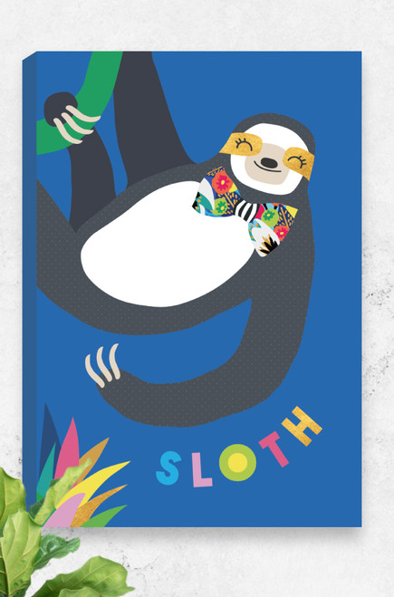 A unique ready to hang canvas featuring a sloth hanging from a green vine. The bright colours, sophisticated bow tie and playful typography at the bottom make for an artwork fit for any jungle lover!