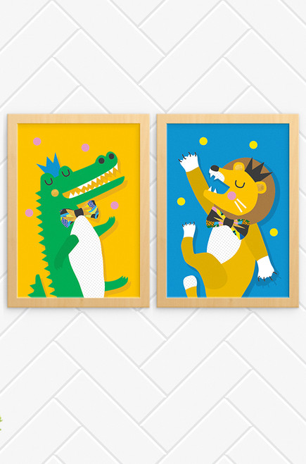 The perfect pair of happy prints for a child's bedroom. One featuring a happy crocodile and the other an energetic lion, both dancing and throwing balls above their head. Each wears a small crown and patterned bowtie. The crocodile bright green on an orange background, and the lion, orange on a blue background.