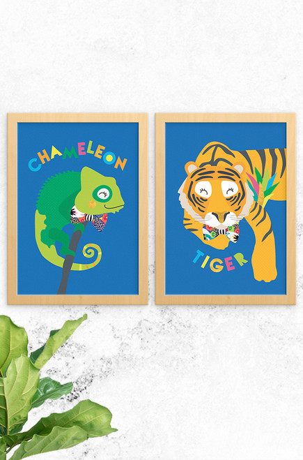 A trendy set of prints for kids featuring a bright chameleon and sleepy tiger, both wearing a floral pattern bowtie. Team up with our other jungle fever prints to complete the collection.