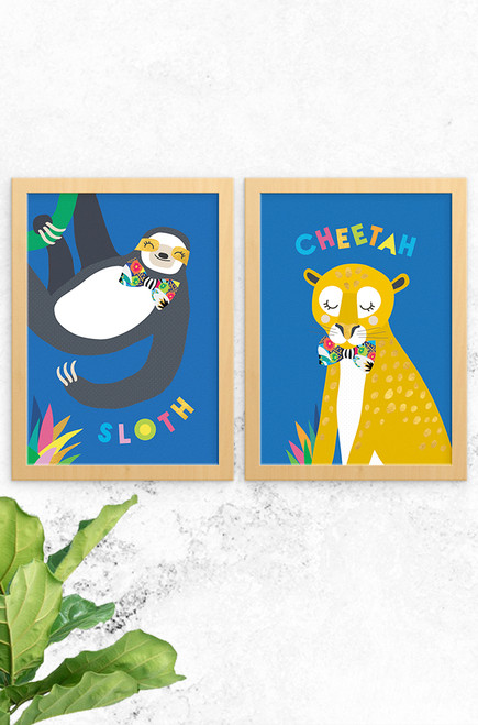 A set of prints designed by Luca Rose Designs in Australia. One a sloth and the other cheetah, both wearing fancy bowties and sitting pretty on a bright blue background. A lovely accompaniment to any jungle themed nursery or children's bedroom. 
