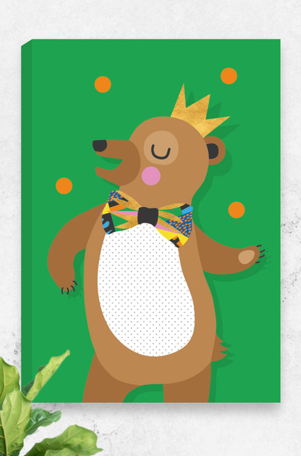 A vibrant green ready to hang canvas featuring a happy brown bear wearing a golden crown and oversized bowtie. With a giant smile he dances and juggles orange balls above his head. Available in three sizes and made in Australia.