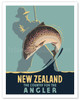 New Zealand - The Country for the Angler - Fly Fishing - c. 1950 - Poster by Leonard Cornwall Mitchell