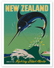 New Zealand - Home of the Fighting Black Marlin - Big Game Fishing - c. 1950 - Poster by Leslie George McCullough