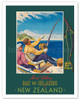 Bay of Islands - New Zealand - Sword Fishing - New Zealand Railways - c. 1930 - Poster by John Holmwood