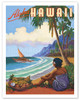 Aloha Hawaii - Hawaiian Woman watching Outrigger Canoe (Wa'a)