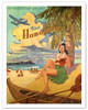 Visit Honolulu - Hawaii Hula Girl Playing Ukulele - Fly Interisland Airlines - Poster by Rick Sharp